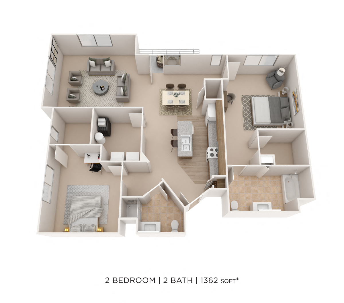 Two Bedroom 2 Bath- 1362 sqft floor plan