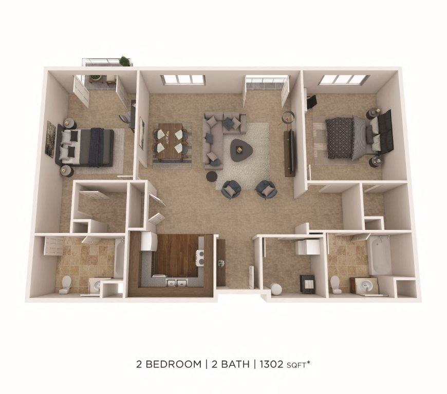 Two Bedroom 2 Bath- 1302 sqft floor plan