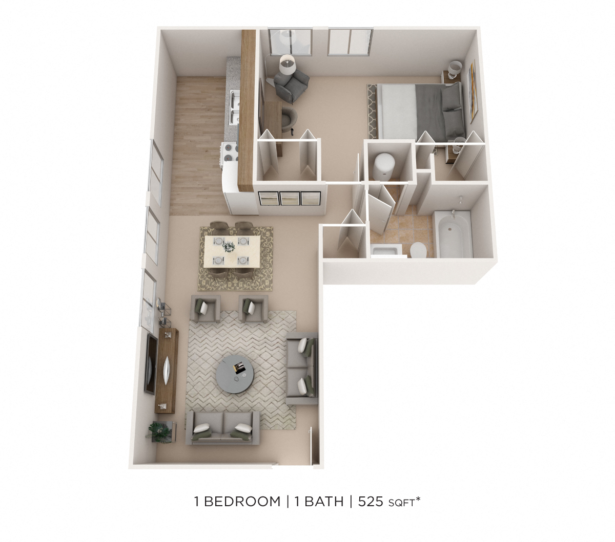 One Bedroom- 525 sqft floor plan