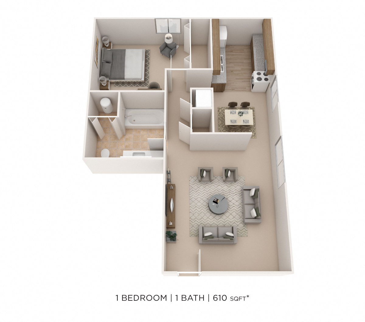 One Bedroom- 610 sqft floor plan