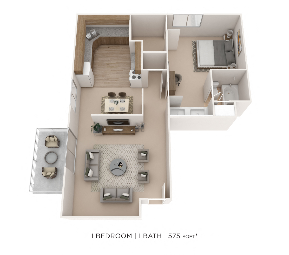 One Bedroom- 575 sqft floor plan