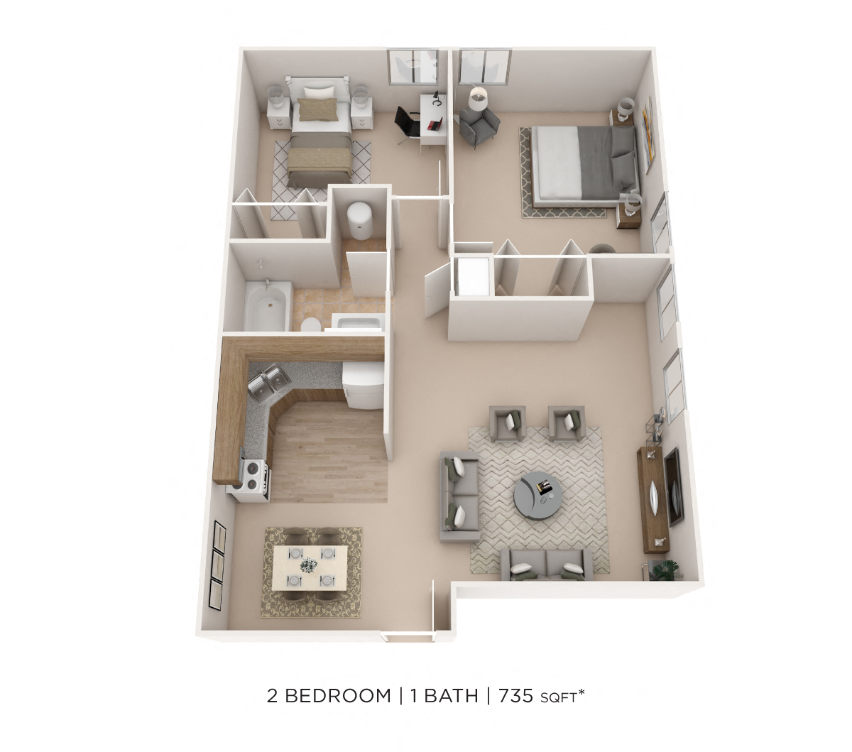 Two Bedroom- 735 sqft floor plan