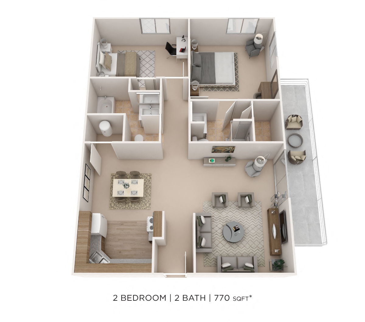 Two Bedroom 2 Bath- 770 sqft floor plan