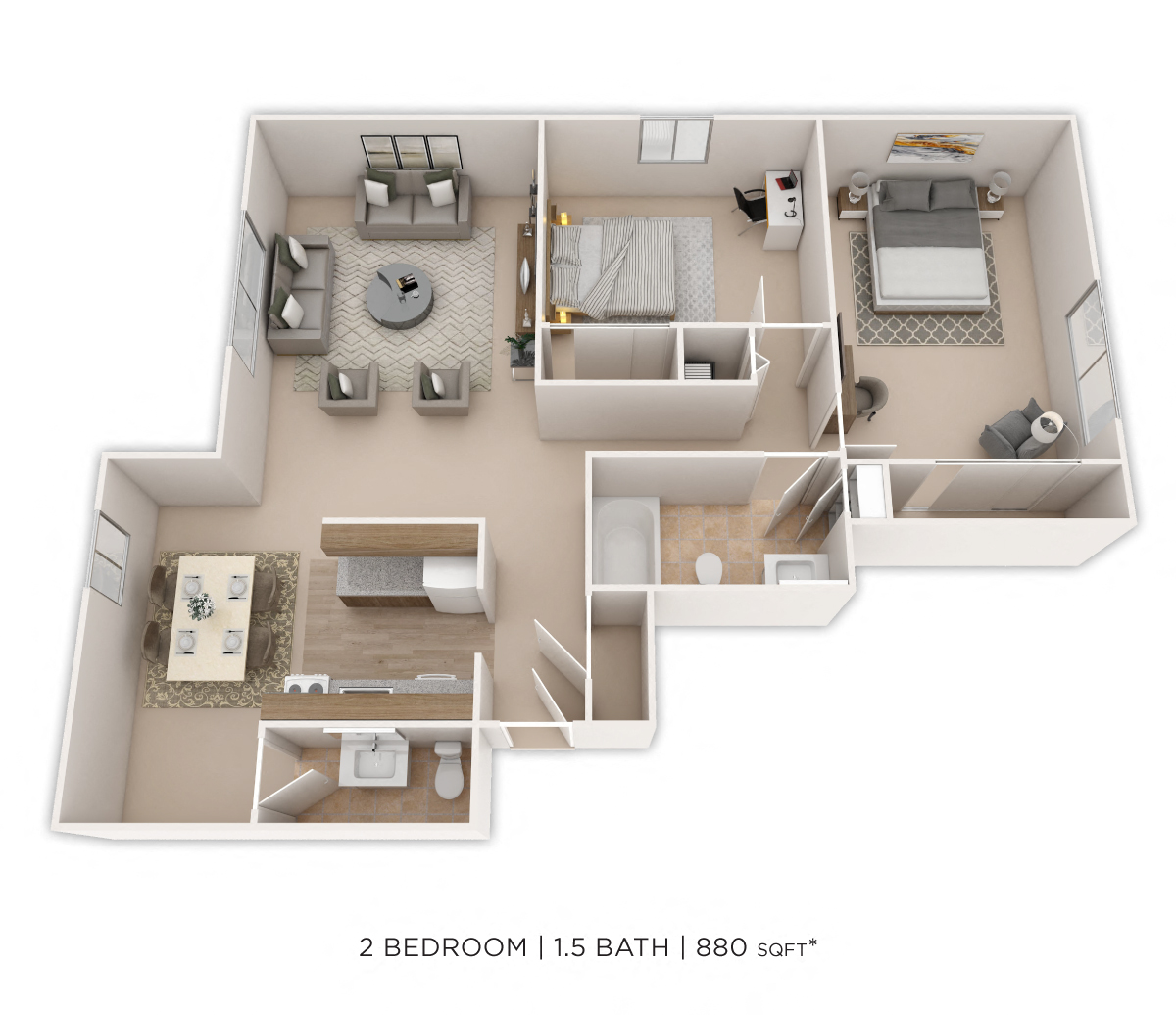 Two Bedroom 1.5 Bath floor plan