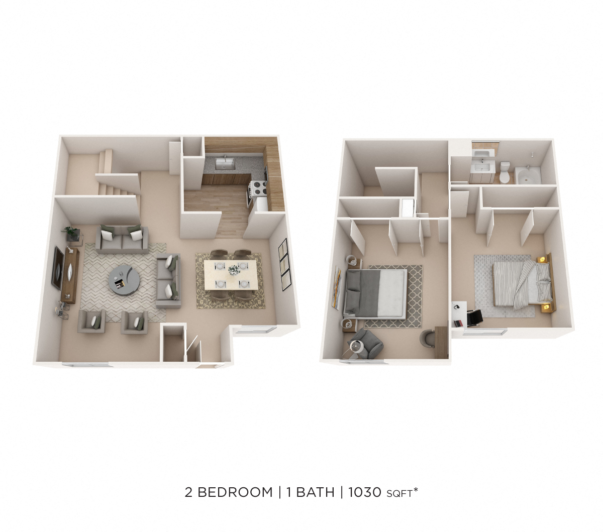 Two Bedroom 1.5 Bath Townhome - 1,030 sqft floor plan