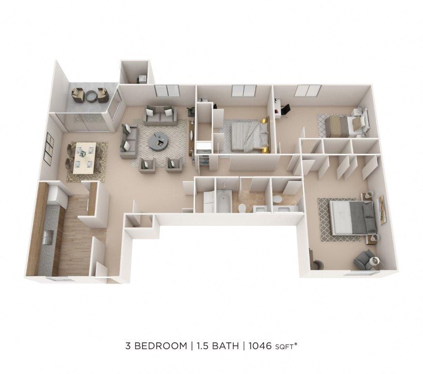 Three Bedroom 1.5 Bath - 1,046 sqft floor plan