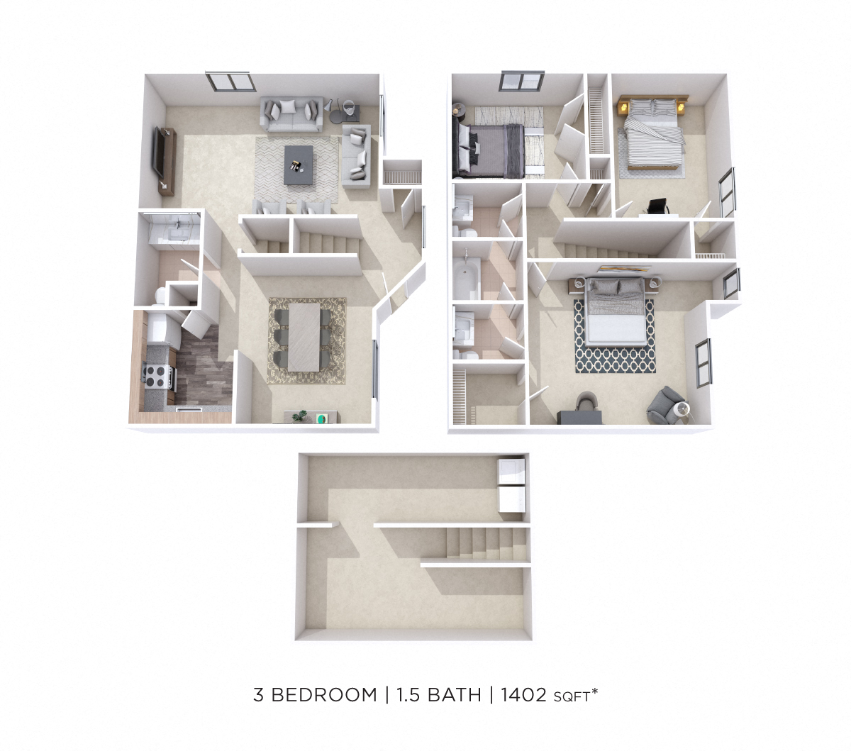 Three Bedroom 1 Full & 2 Half Bath Townhome - 1,402 sqft floor plan
