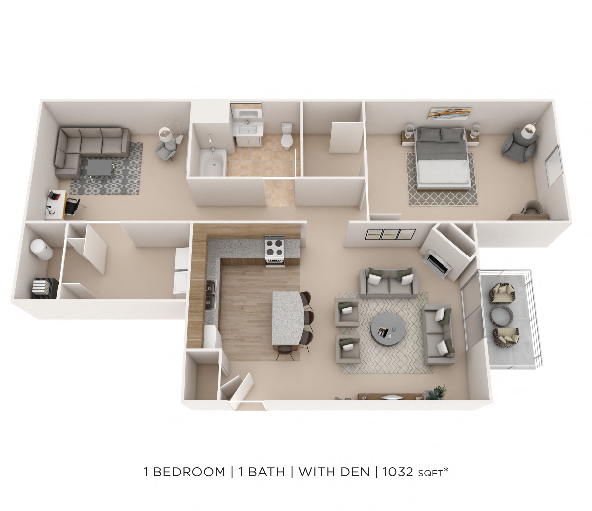 One Bedroom w/ Den- 1032 sqft floor plan