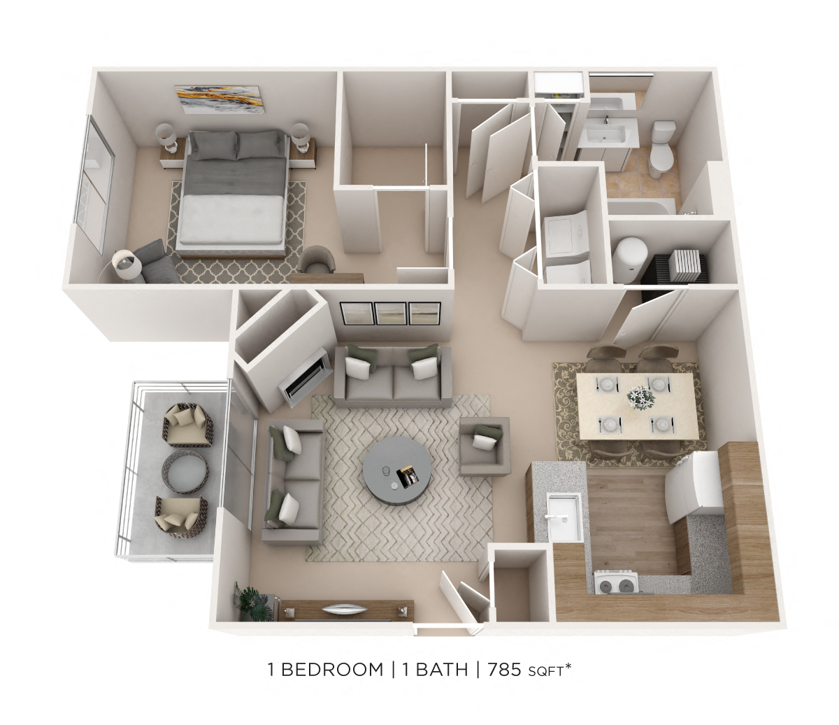One Bedroom- 785 sqft floor plan