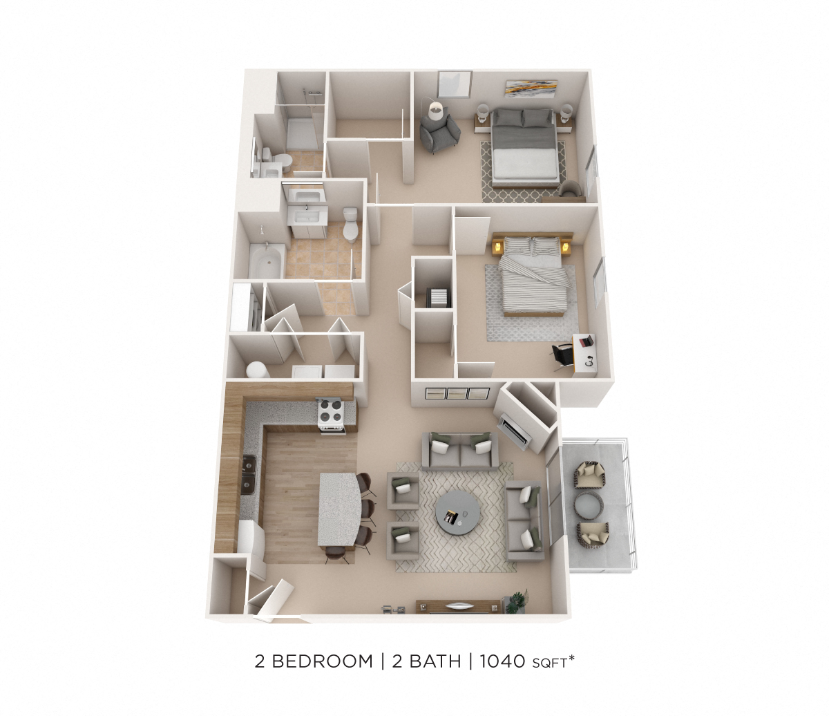 Two Bedroom 2 Bath- 1040 sqft floor plan