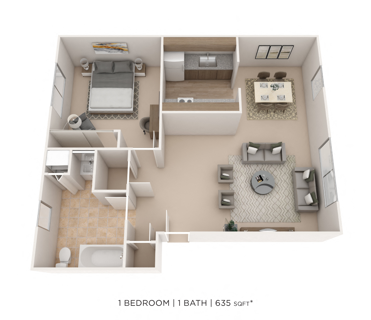 One Bedroom - 635 sqft floor plan