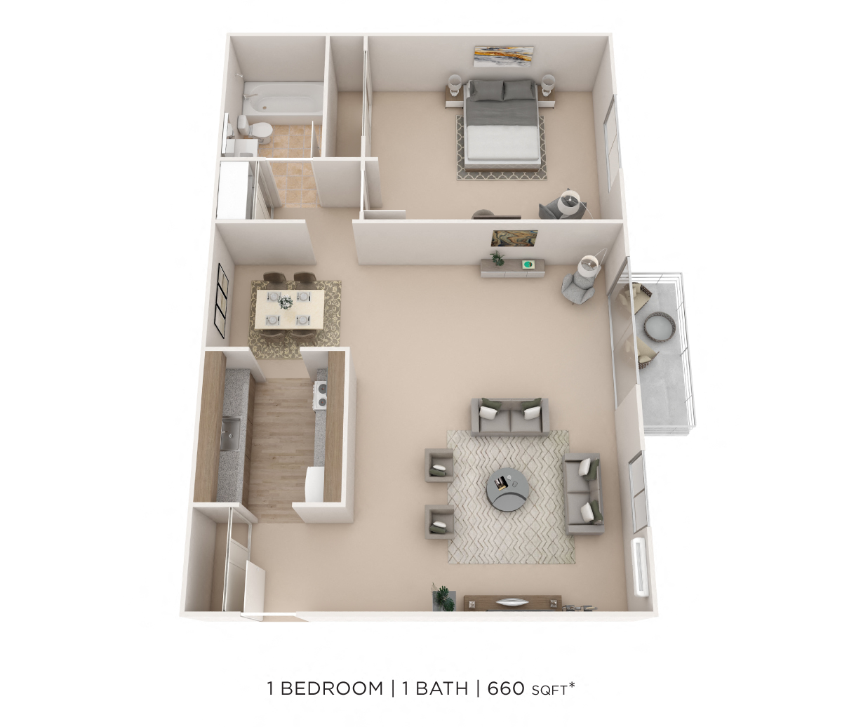 One Bedroom - 660 sqft floor plan