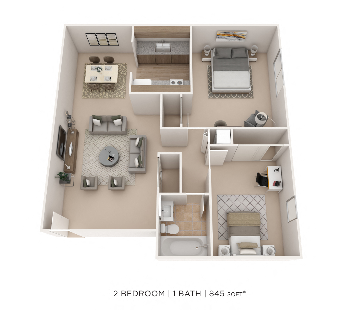 Two Bedroom - 845 sqft floor plan
