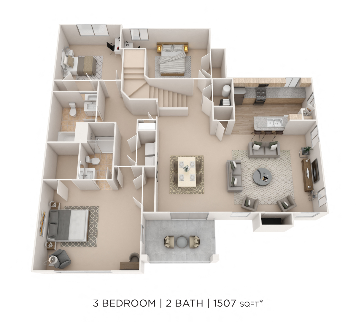 Three Bedroom 2 Bath- 1507 sqft floor plan