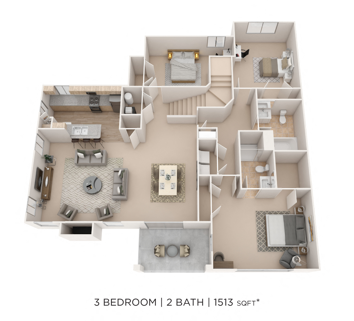 Three Bedroom 2 Bath- 1513 sqft floor plan