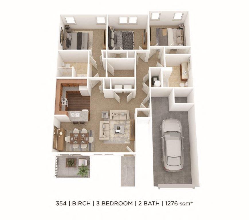 Three Bedroom 2 Bath- 1,276 sqft floor plan