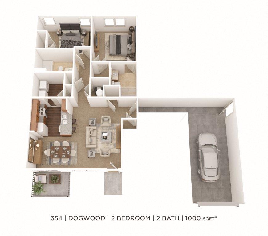 Two Bedroom 2 Bath- 1,000 sqft floor plan
