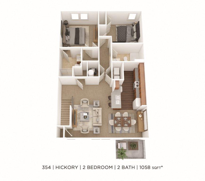 Two Bedroom 2 Bath- 1,058 sqft floor plan