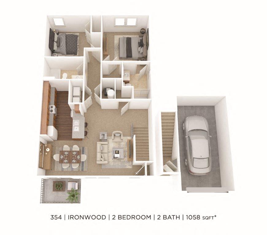 Two Bedroom 2 Bath- 1,058 sqft floor plan