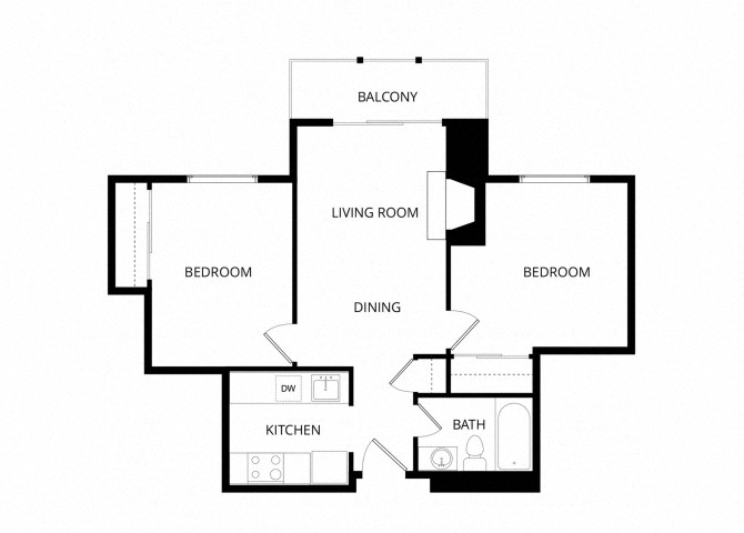 2 BR x 1 BA floor plan