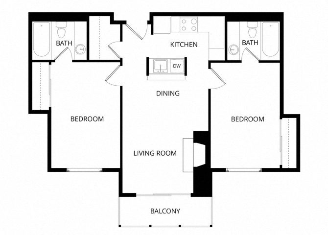 2 BR x 2 BA floor plan
