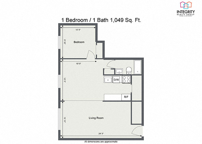 Floor plan layout diagram for 1 Bedroom 1 Bath (Large)