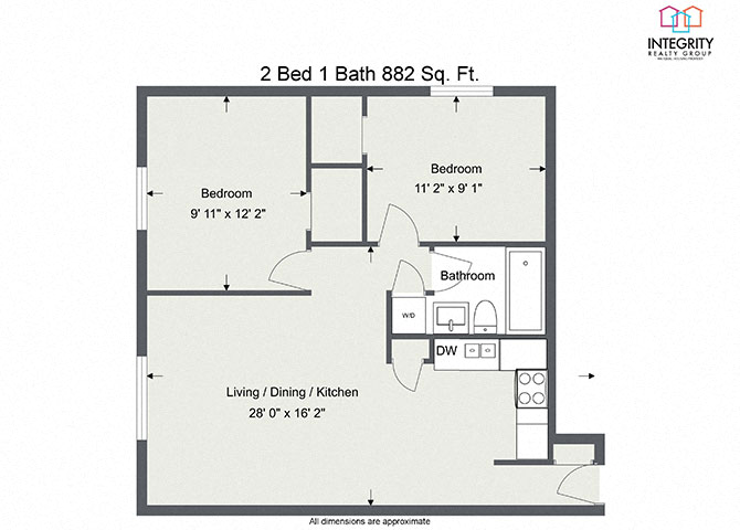 Floor plan layout diagram for 2 Bedroom 1 Bath (882sqft)
