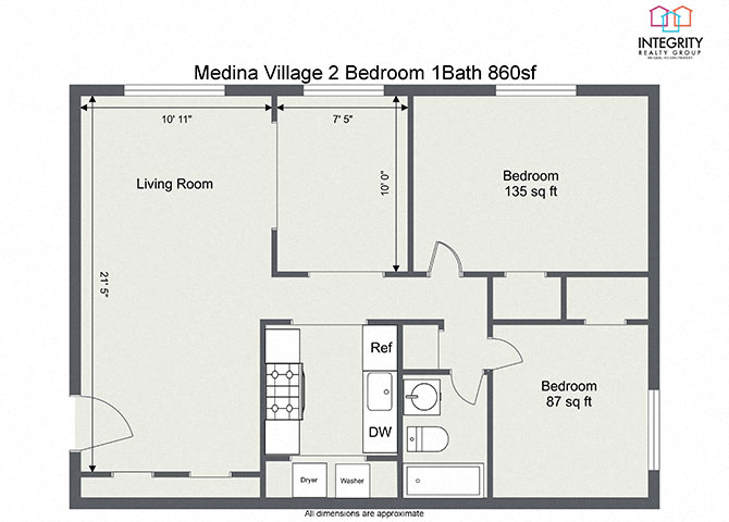Floor plan layout diagram for 2 Bedroom 1 Bath + den (860 sq ft)