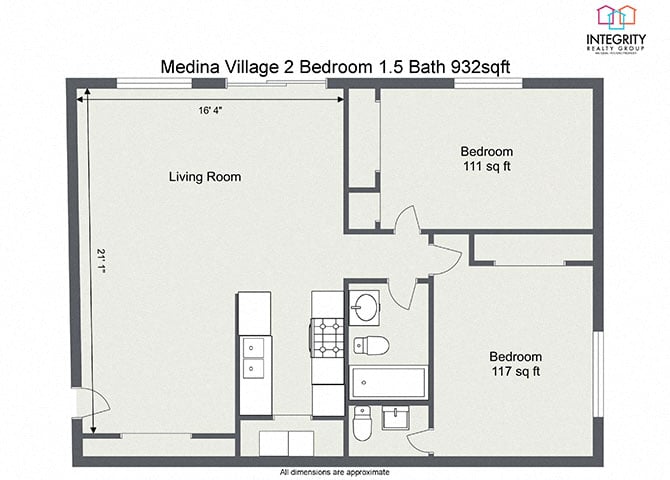 Floor plan layout diagram for 2 Bedroom 1.5 Bath (932sqft)