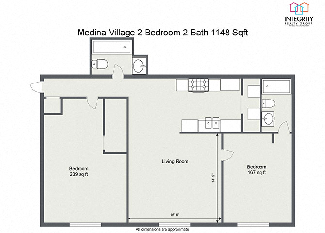 Floor plan layout diagram for 2 Bedroom 2 Bath (1005 sqft)