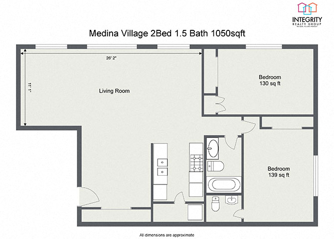 Floor plan layout diagram for 2 Bedoom 1.5 Bath (1050sqft)