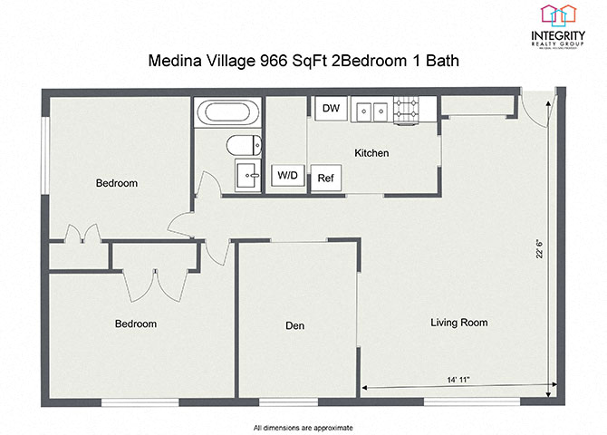 Floor plan layout diagram for 2 Bedroom 1 Bath (952sqft)