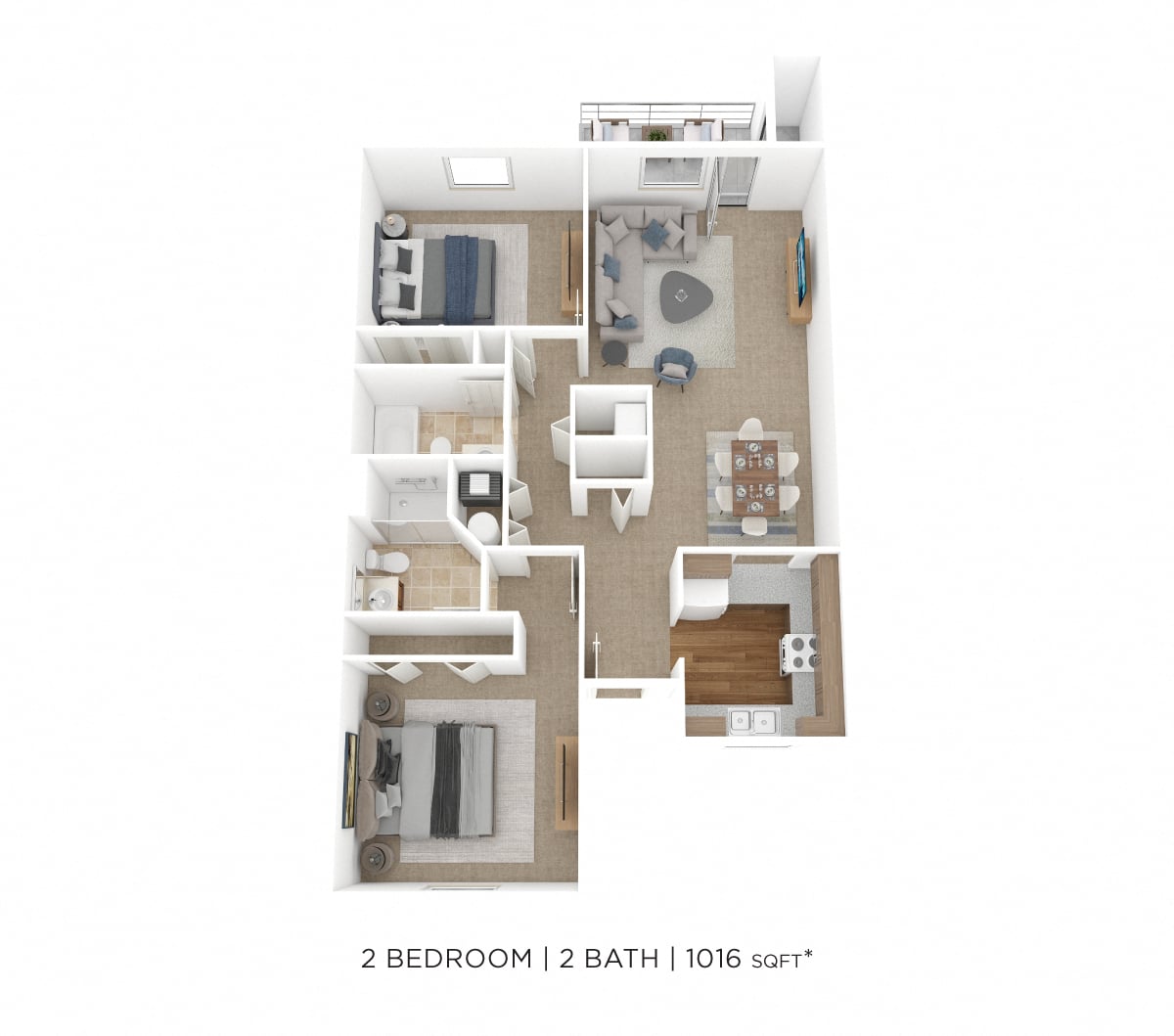 Two Bedroom 2 Bath- 1016 sqft floor plan