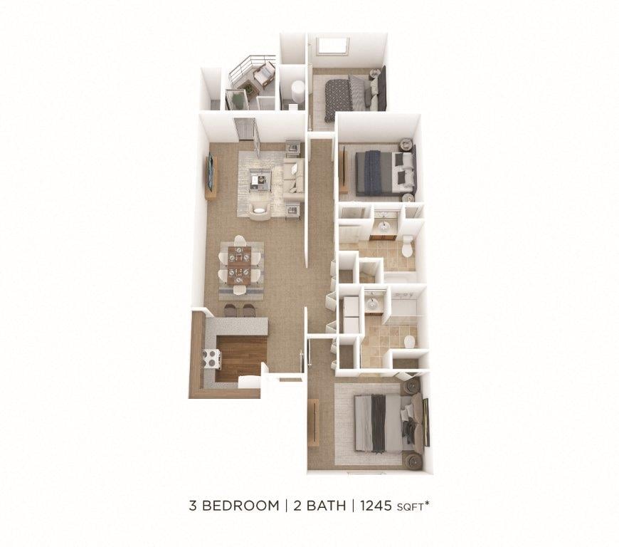 Three Bedroom 2 Bath- 1245 sqft floor plan