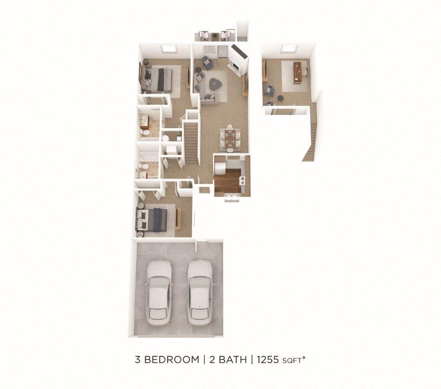 Three Bedroom 2 Bath Townhome- 1255 sqft floor plan
