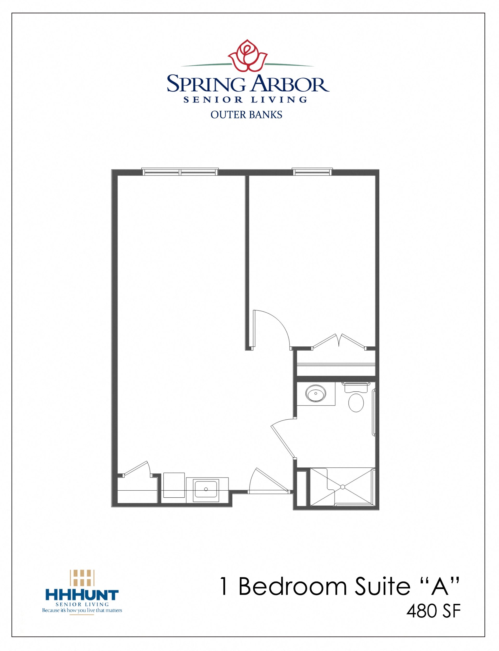 1 Bedroom Assisted Living Starting from 480 Square-Foot 1 Bedroom AL Floor Plan at Spring Arbor of Outer Banks in Kill Devil Hills, NC