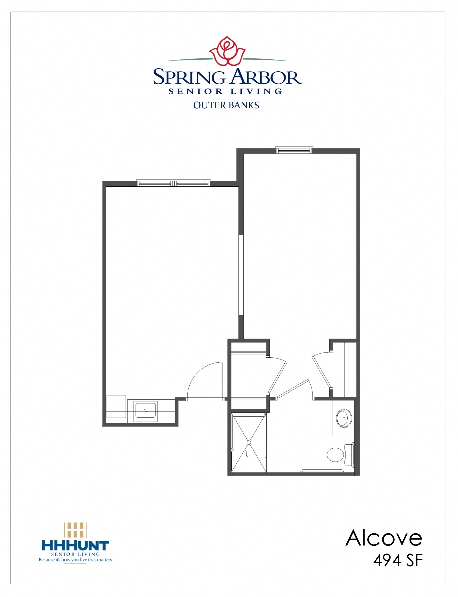 Alcove Studio - Assisted Living 494 Square-Foot Alcove Studio AL Floor Plan at Spring Arbor of Outer Banks in Kill Devil Hills, NC