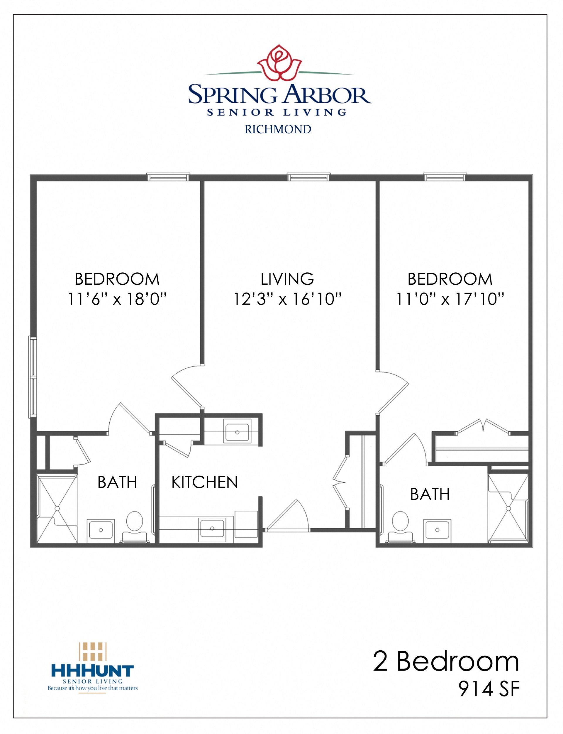 2 Bedroom Assisted Living 914 Square-Foot 2 Bedroom Assisted Living Floor Plan at Spring Arbor of Richmond, Henrico