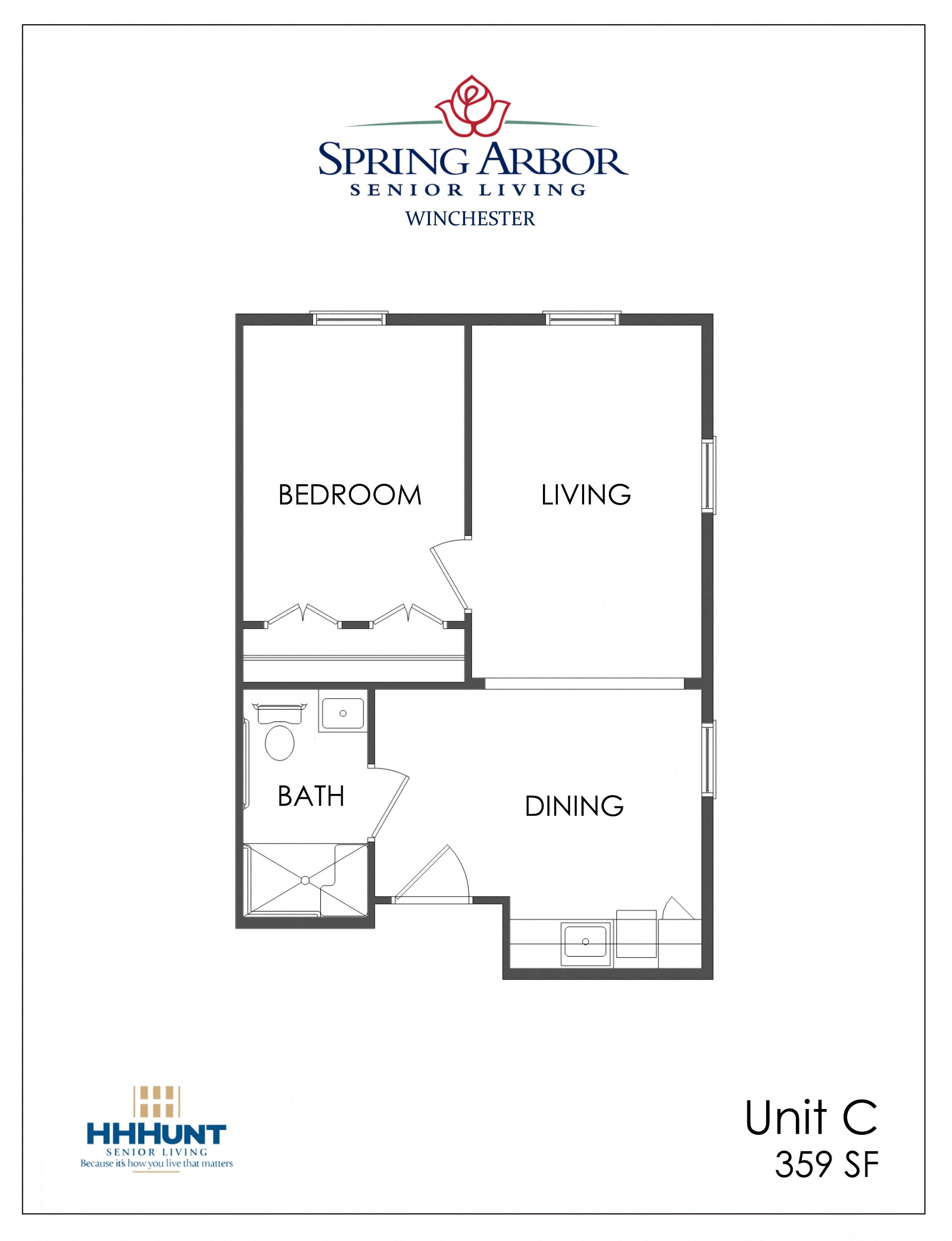 One Bedroom - Assisted Living Floorplan Starting from 359 Square-Foot One Bedroom - Assisted Living Floorplan at Spring Arbor of Winchester, Virginia, 22603-3969