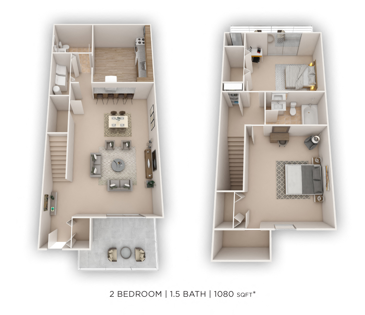 Two Bedroom 1.5 Bath Townhome - 1,080 sqft floor plan