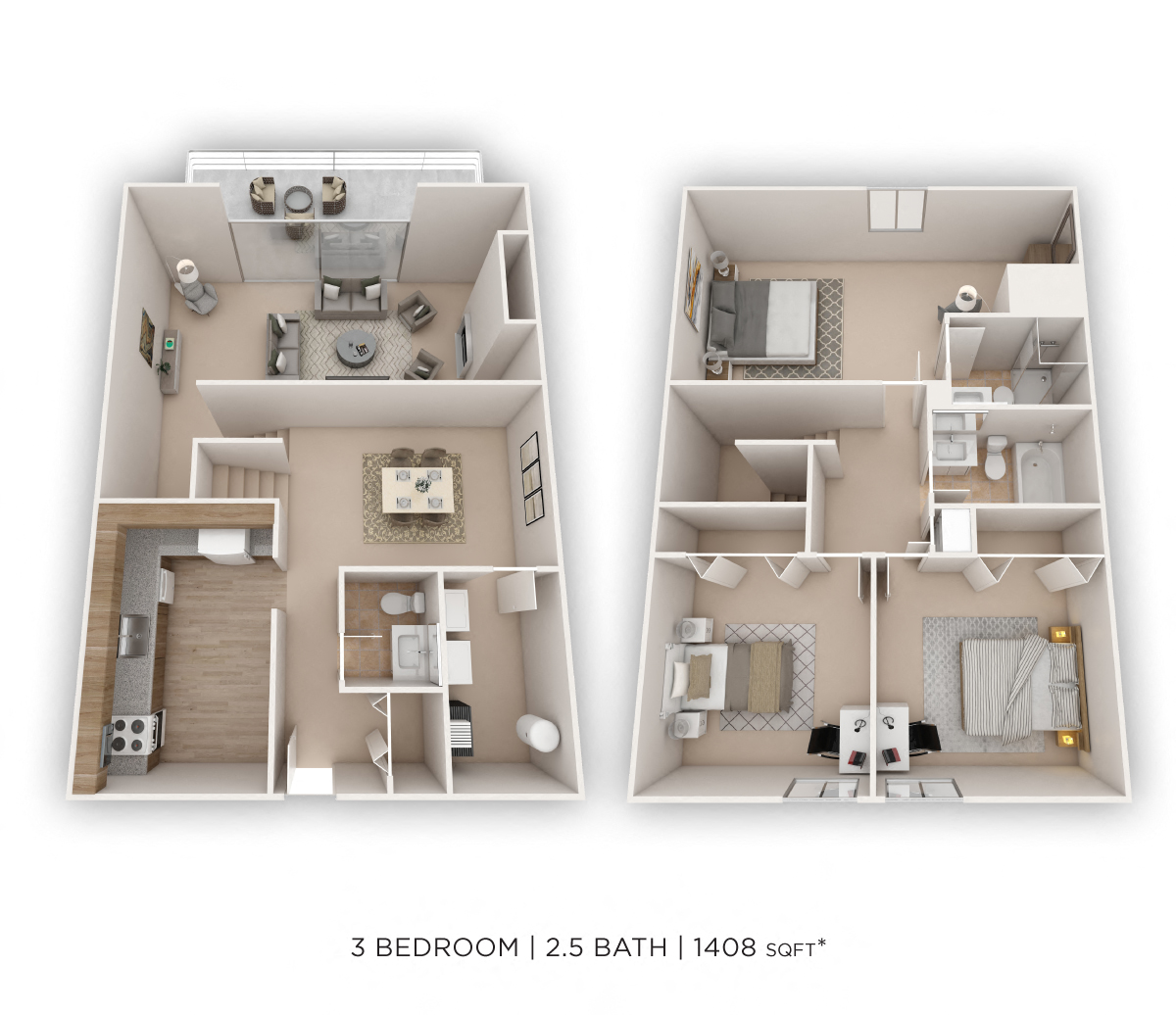 Three Bedroom 2.5 Bath Townhome w/ Fireplace - 1,408 sqft floor plan