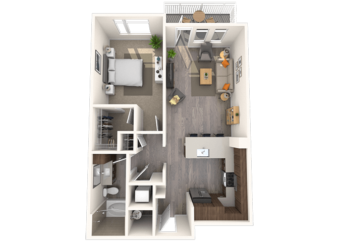 Traditional A3 1x1-756 SF floor plan