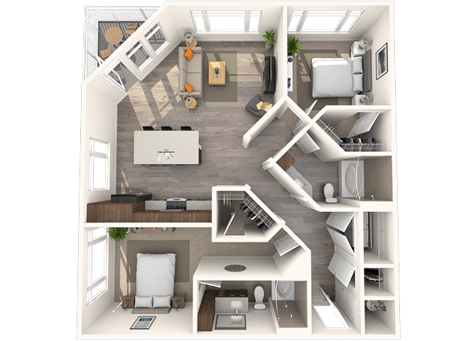 Traditional B2 2x2-1125 SF floor plan