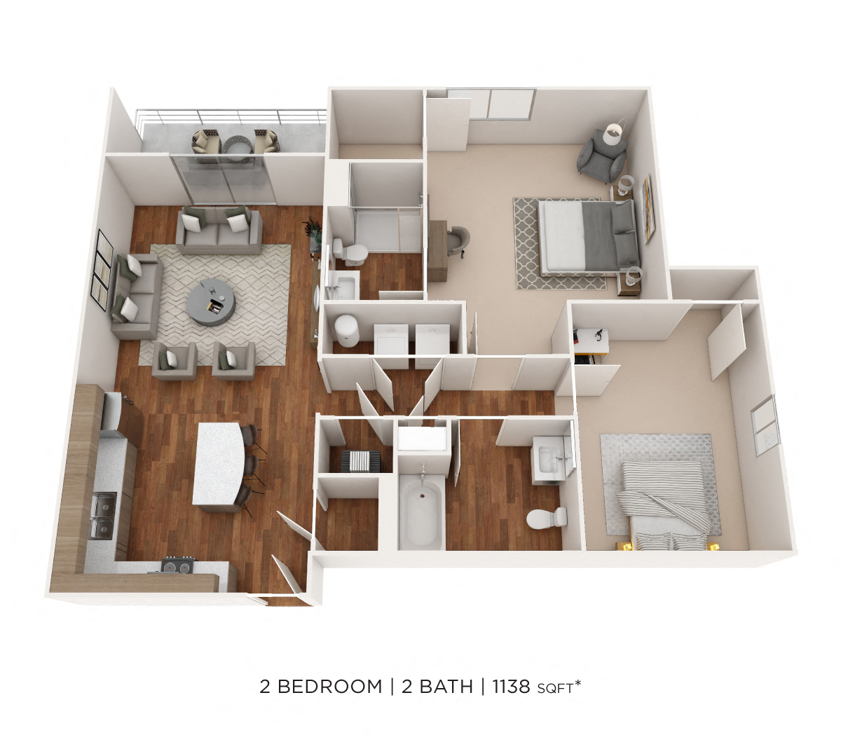Two Bedroom 2 Bath- 1138 sqft floor plan