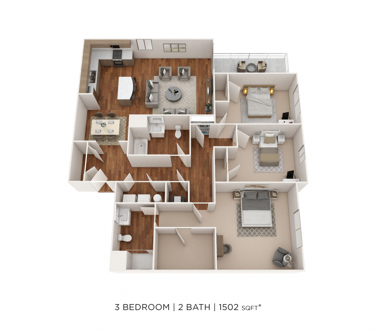 Three Bedroom 2 Bath-1502 sqft floor plan