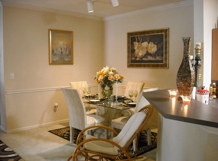 model furnished dining room with track lighting