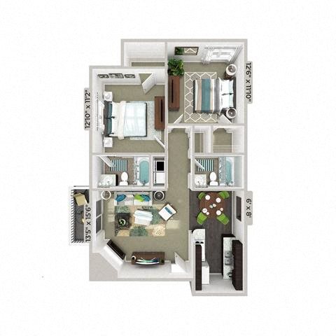 Village at Cliffdale Apartments, Fayetteville North Carolina, 2x2 Ardennes 3D floorplan