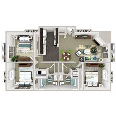 Village at Cliffdale Apartments, Fayetteville North Carolina, 3x2 Normandy 3D floorplan