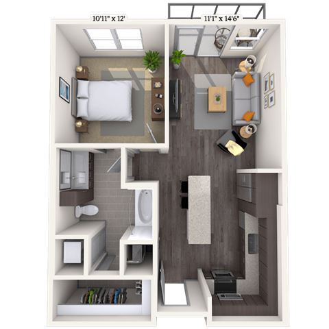 Traditional 1x1 690-746 SF floor plan