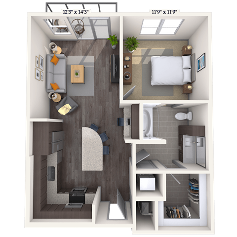 Traditional 1x1 736-823 SF floor plan